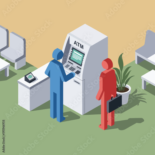 Isometric illustration of people using ATM machine in a bank.