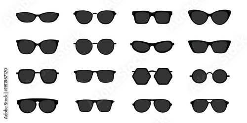 Trendy Sunglasses Silhouette Icon Set, Modern Eyewear Shapes Collection, Fashion Shades Vector Pack for Summer Style, Accessories, and Branding Design