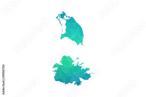 Antigua and Barbuda Map - Polygon Style Vector Illustration in Green and Blue Gradient, Low Poly Geometric Design, Isolated on White Background, Perfect for Infographics and Learning Use.