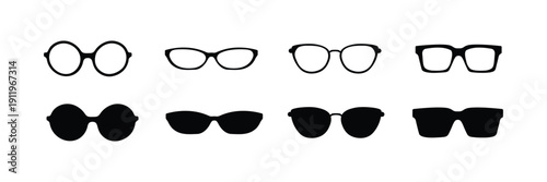 Modern Minimal Sunglasses and Eyeglasses Collection Set – Stylish Optical Frames Icons in Black and Outline, Fashion Eyewear Vector Illustration Isolated on White Background