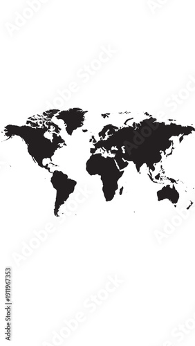 Silhouette world map showing continents and oceans in a bold, minimalist graphic design.