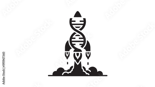 DNA Helix Rocket Launching Upwards with Flames and Smoke, Genetic Engineering Concept, Black and White Illustration