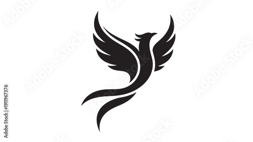 Black Phoenix Rising with Spread Wings on White Background, Symbolizing Rebirth and Freedom