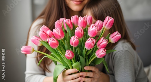 Happy mother's day bouquet of pink tulips for mom