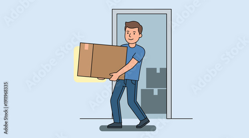 Man carrying moving box while walking through doorway in modern design  