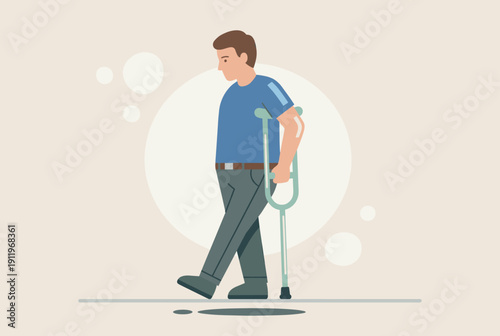 Young man walking with crutch in minimal vector illustration  