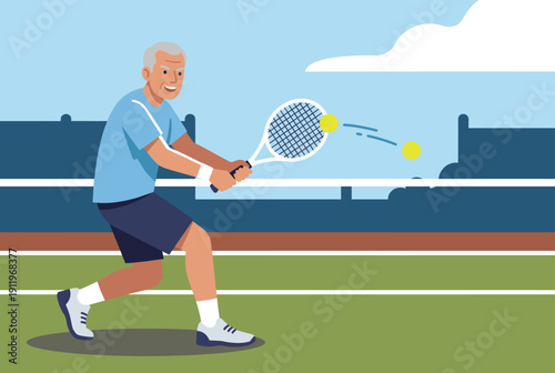 Senior man playing tennis on court with sunny sky background  