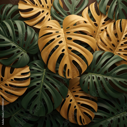 Golden and green monstera leaves in close up photography