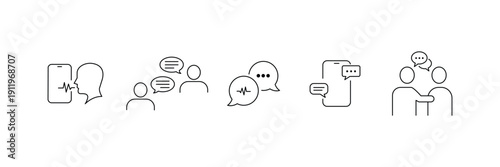 Speaking Icon Set  Conversation, Speech Bubble, Voice Message, Microphone and Phone Call Line Vector Icons for Communication  .eps10