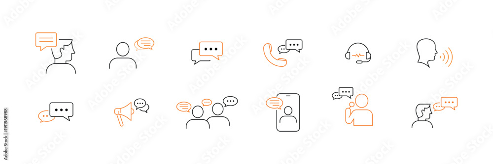Obraz premium Speaking and Communication Icon Set – Voice Chat, Conversation, Phone Call, Customer Support and Speech Bubble Vector Collection. eps10