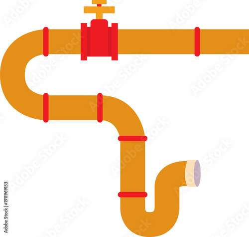 Complex pipeline system featuring red valve, bends, connections, illustrating infrastructure, engineering, fluid transport concepts.
