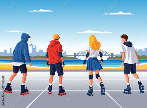 Four young friends enjoy outdoor skating on a coastal boardwalk, viewed from behind. sunny beach backdrop with a city skyline