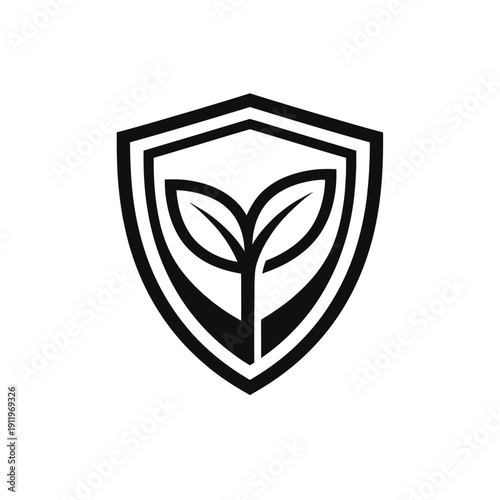 Modern black and white shield emblem featuring a strong, stylized two-leaf plant sprout, symbolizing robust protection, healthy organic growth, dedicated environmental care, and sustainable practices