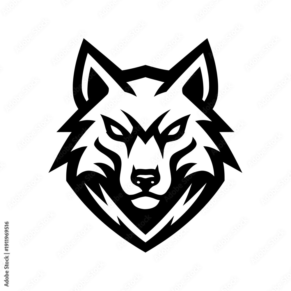 Fototapeta premium Striking black & white wolf head logo illustration. A fierce, stylized vector graphic perfect for esports mascots, sports teams, gaming brands, powerful company branding. This aggressive animal icon e