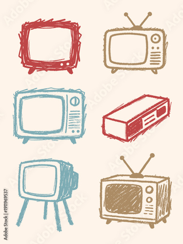 A collection of hand-drawn vintage television and set-top box vector illustrations in a rough crayon style, featuring retro broadcast media