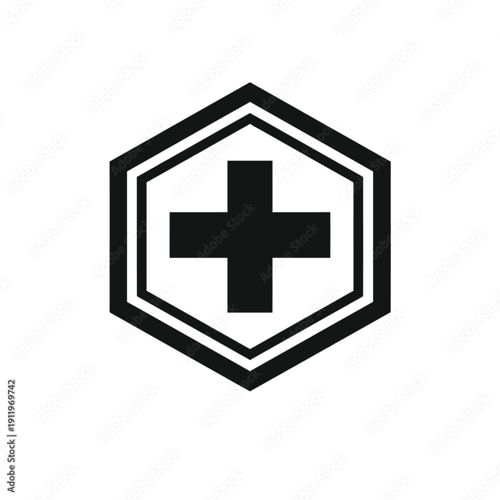 Obraz premium Modern geometric black plus sign icon, elegantly contained within a double-outlined hexagon. This minimalist symbol represents medical health, emergency first aid, safety, protection, and positive gro