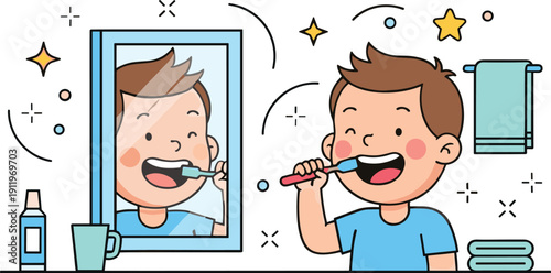 Cute Boy Brushing Teeth in Bathroom Mirror with Sparkles for Childrens Dental Hygiene, Morning Routine, and Healthcare Education Designs