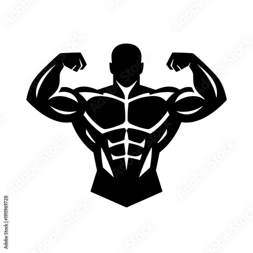 Powerful silhouette of a muscular male bodybuilder flexing strong biceps and showcasing ripped abdominal muscles, representing peak physical fitness, strength training, gym workout motivation, athleti