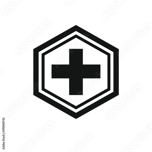 Modern geometric black plus sign icon, elegantly contained within a double-outlined hexagon. This minimalist symbol represents medical health, emergency first aid, safety, protection, and positive gro