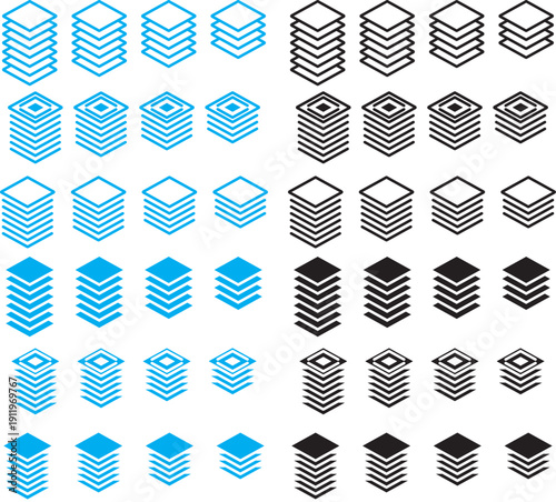 Layers icon set. Logo layers, levels, tiers, sheets icons. Layers icon in black. flat graphic vector icon. Layer layout icon set. 6, 5, 4, 3, layers symbol.  Fabric floor layers symbol absorbent of ma