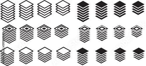 Layers icon set. Logo layers, levels, tiers, sheets icons. Layers icon in black. flat graphic vector icon. Layer layout icon set. 6, 5, 4, 3, layers symbol.  Fabric floor layers symbol absorbent of ma