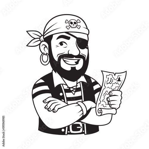 Playful cartoon pirate character holding a treasure map with eye patch and beard.