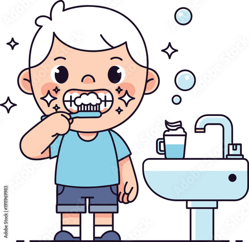 Cute Boy Brushing Teeth Vector Illustration with Foaming Toothbrush and Bathroom Sink for Childrens Dental Hygiene, Morning Routine, and Healthcare Education Designs