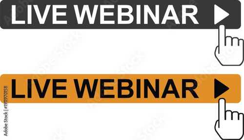 Live webinar icon set collection with microphone, play button, camera and broadcast symbols in yellow and black colors isolated on white background vector illustration.