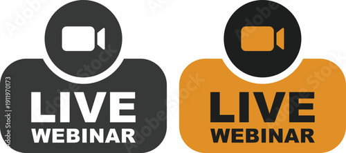 Live webinar icon set collection with microphone, play button, camera and broadcast symbols in yellow and black colors isolated on white background vector illustration.
