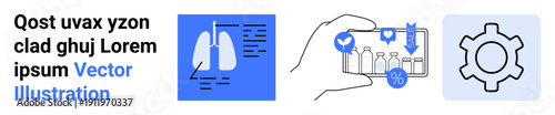 Lungs with medical data, hand holding device with bottles and health analytics, gear icon for automation. Ideal for health, technology, diagnostics, innovation, analytics, automation simple landing