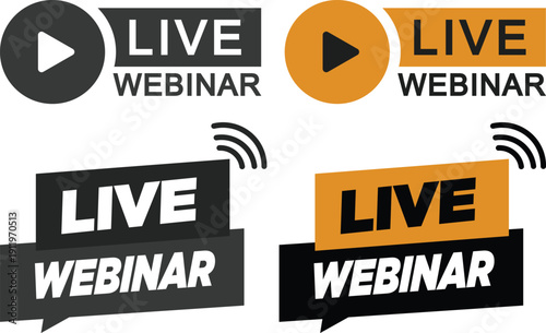 Live webinar icon set collection with microphone, play button, camera and broadcast symbols in yellow and black colors isolated on white background vector illustration.