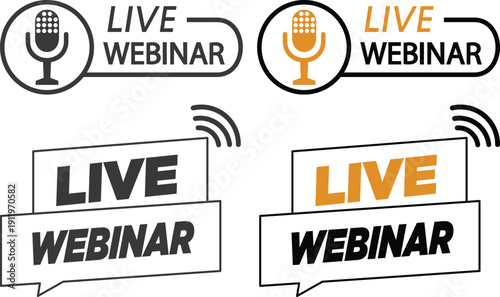 Live webinar icon set collection with microphone, play button, camera and broadcast symbols in yellow and black colors isolated on white background vector illustration.