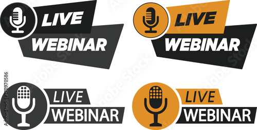 Live webinar icon set collection with microphone, play button, camera and broadcast symbols in yellow and black colors isolated on white background vector illustration.