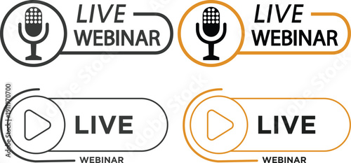 Live webinar icon set collection with microphone, play button, camera and broadcast symbols in yellow and black colors isolated on white background vector illustration.