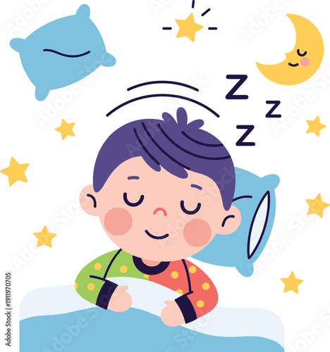 Cute Boy Sleeping Peacefully in Bed with Crescent Moon and Stars for Childrens Bedtime Routine, Sleep Hygiene, and Sweet Dreams Concepts