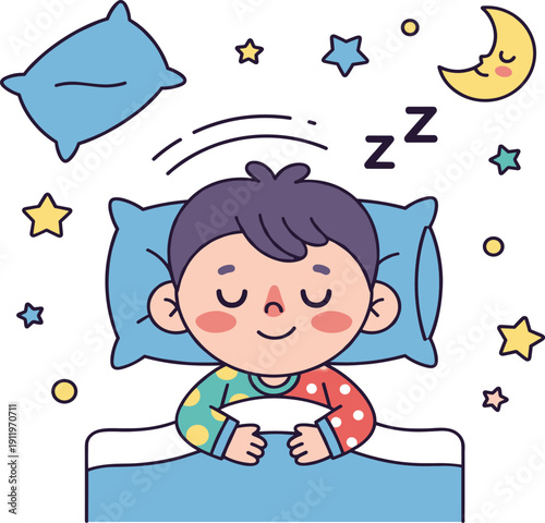Cute Boy Character Sleeping Peacefully in Bed with Pillows Moon and Stars for Children's Bedtime Routine Nightly Sleep Habits and Healthy Lifestyle Illustration