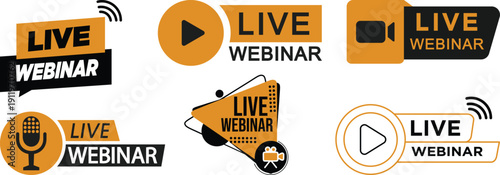 Live webinar icon set collection with microphone, play button, camera and broadcast symbols in yellow and black colors isolated on white background vector illustration.