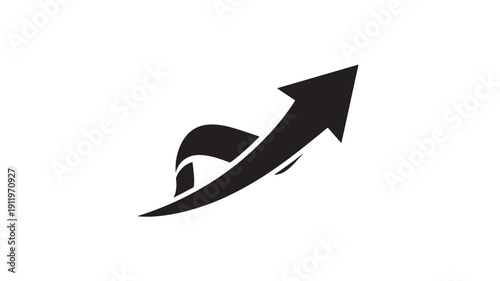 Black Arrow Rising Upwards with Ribbon Shape on White Background