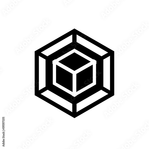 Minimalist black and white icon featuring a central solid cube enclosed within an abstract hexagonal framework, expertly representing structured data, digital blocks, secure containers, or advanced te