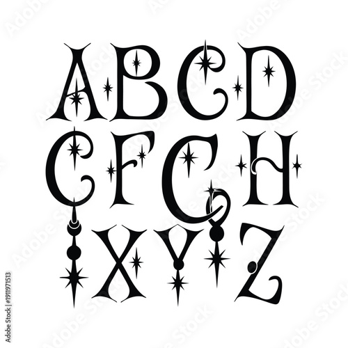 Elegant gothic alphabet with star accents