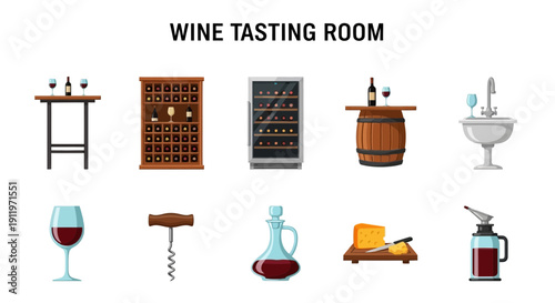 Collection of wine tasting room elements depicted as icons on a white background
