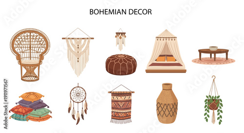 Collection of ten illustrations representing Bohemian style furniture and decor items