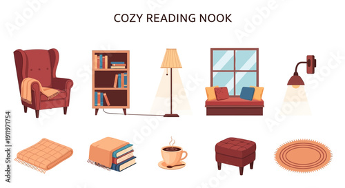 Illustration of furniture and accessories for a cozy reading nook setup