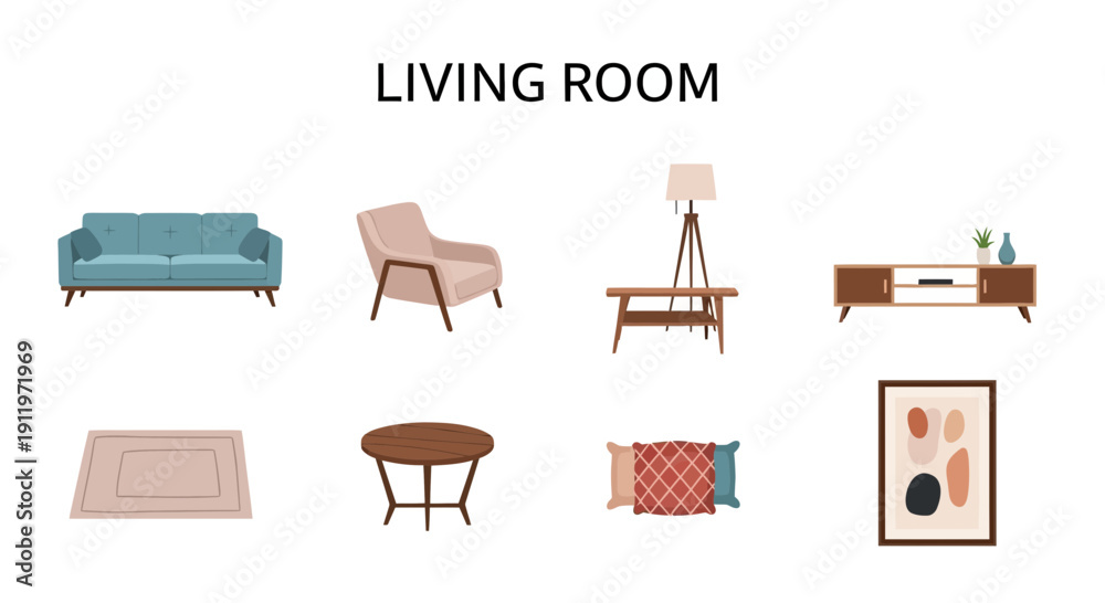 Fototapeta premium Illustration of various modern living room furniture and decor items on a white background