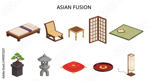 Isometric illustrations of Asian fusion furniture and decor items on a white background
