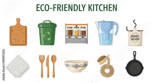 Illustrations of ten ecofriendly kitchen items arranged in two rows under a title