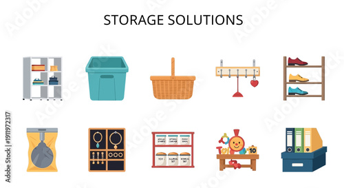Ten flatstyle illustrations of household storage solutions arranged in two rows
