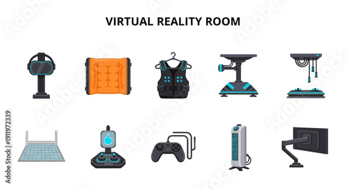 Ten icons illustrating components for a virtual reality room setup
