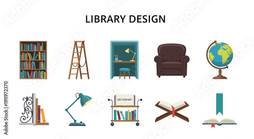 Foto Ten vector icons illustrating library design elements on a white background