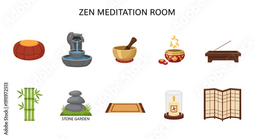 Zen meditation room elements displayed in two rows of icons